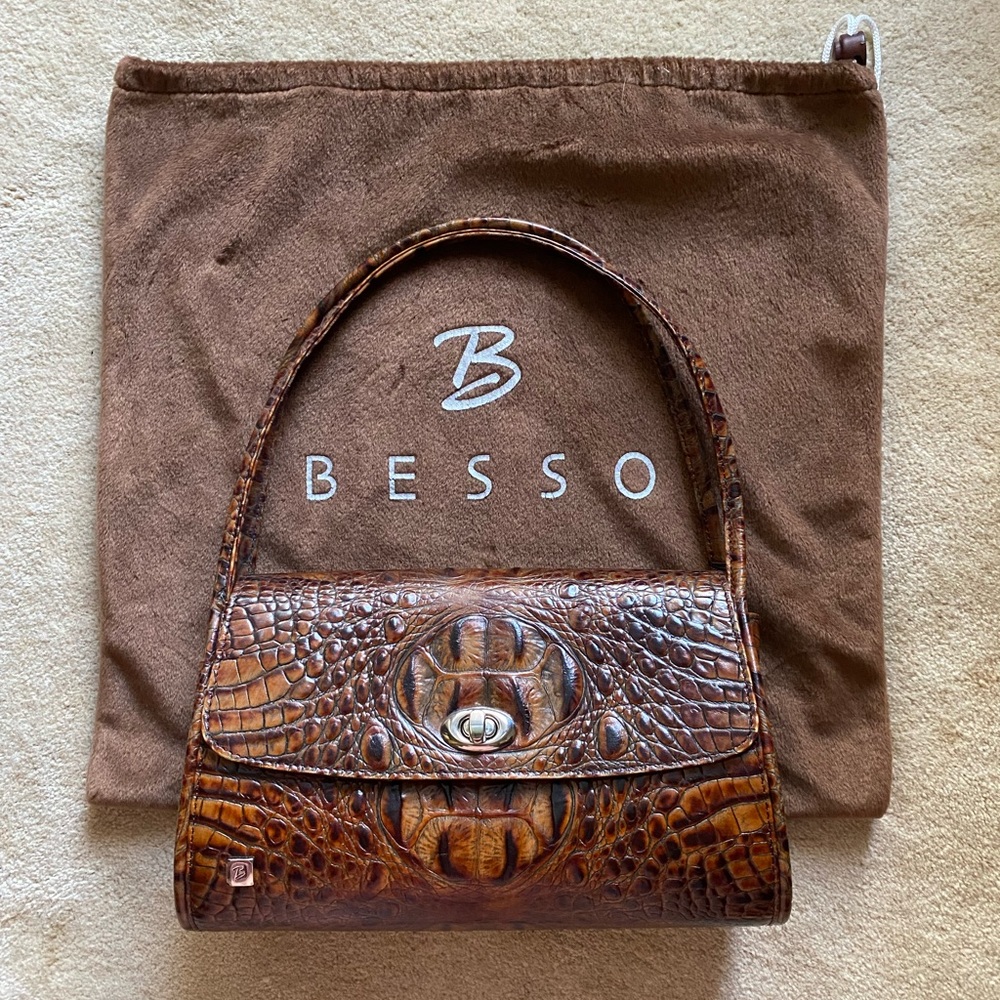 BESSO Brown Alligator Embossed Leather Handbag
